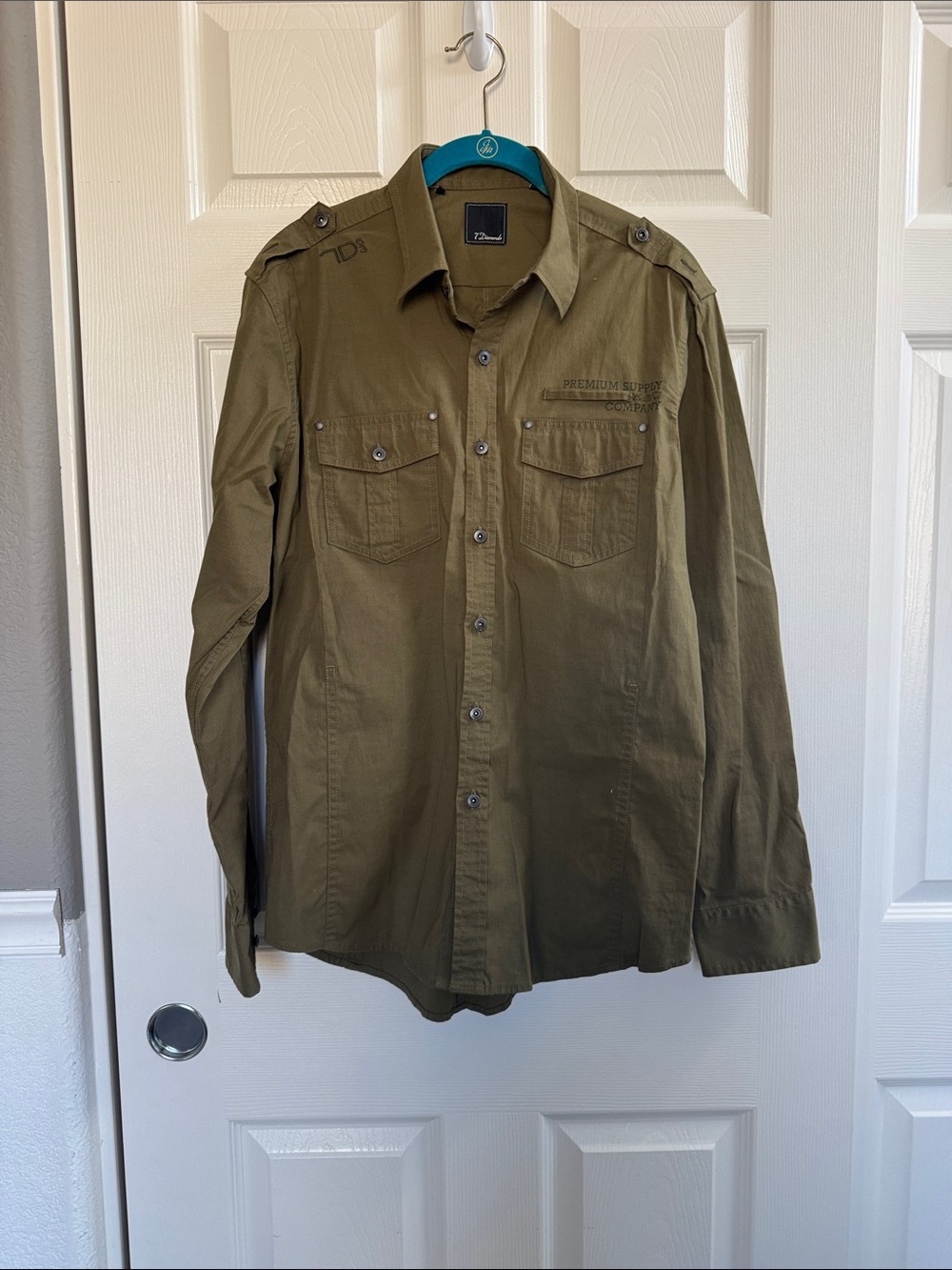 7 Diamonds Olive Military-Style Button-Up Shirt - Size Large
